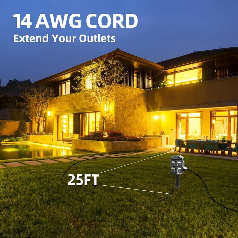 Tiffcofio Outdoor Remote Control Power Strip, 25FT Extension Cord Waterproof, Independent Control Outlets, 6 Grounded Outlets for Outdoor Decorations, 14 AWG, 15A/1875W, ETL Listed (25 FT) - Image 4